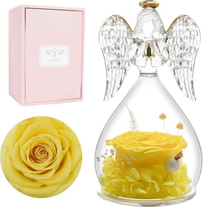 Miofula Preserved Flower Rose Birthday Gifts for Mom, Angel Figurines with Forever Real Rose Gifts for Her Mom Grandma, Angels Gifts for Mothers Day Christmas Anniversary Thanksgiving Birthday Gifts