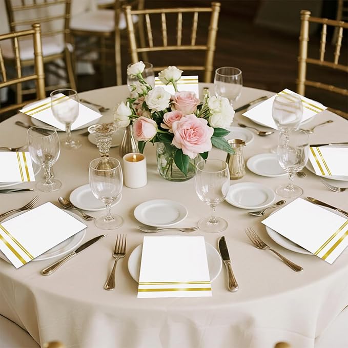 100 Pcs White and Gold Napkins - Gold Paper Napkins Disposable - Premium Quality Gold Dinner Napkins for Bathroom Kitchen Wedding Birthday Anniversary Party