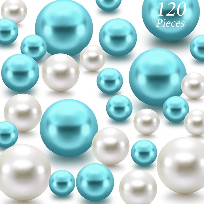 Hicarer 120 Pieces Pearl for Vase Filler Pearl Bead Vase Centerpieces Brush Holder Assorted Round Faux Bead for Crafting, Home Wedding Table Decor 14/20/30 mm(Creamy White, Turquoise)