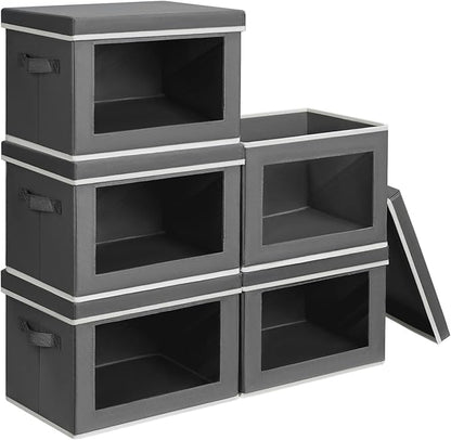 Stackable Storage Bins with Lids - Medium Storage Box with Lids, Foldable Closet Boxes for Organizing, Wardrobe Clothes Organizer with Window, Cubes Bins for Living Room, 5 Pack, Dark Grey