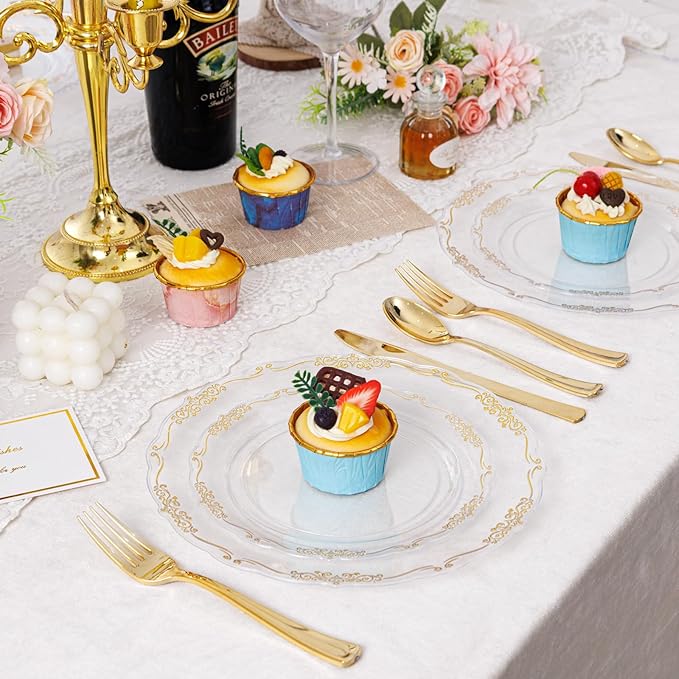 U-QE 100PCS Clear Gold Christmas Plastic Plates - Disposable Heavy Duty Clear Plates with Gold Rim Including 50PCS 10'' & 50PCS 7.5'' Perfect for Christmas, Party, Weddings