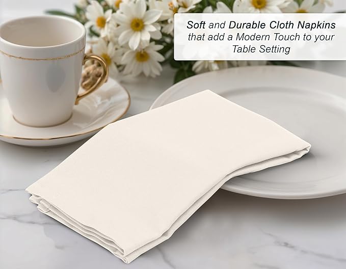 Zoyer Cloth Napkins Set of 12, 18x18 Inches Cotton Enrich Napkins Cloth ‎Washable, Soft & Durable Dinner Napkins for Parties, Wedding, Christmas, ‎Thanksgiving & Everyday Use - Ivory