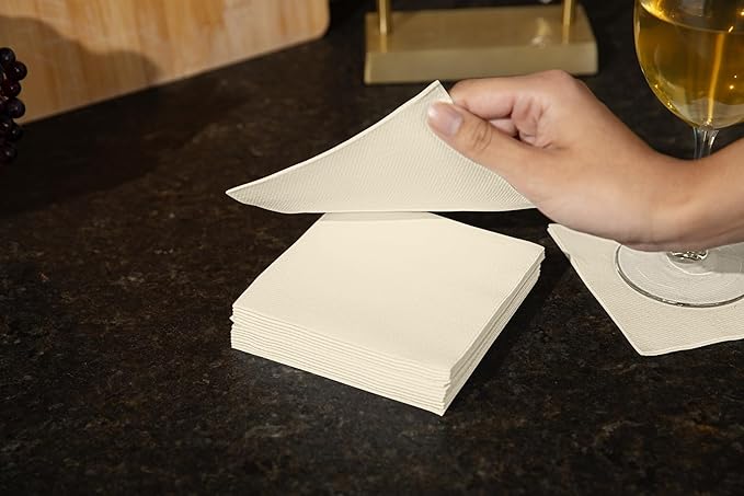 AMERICAN HOMESTEAD Ivory Cocktail Napkins - Premium 4.75"x4.75" Disposable Linen-Like Beverage Napkins - Bulk Square Party Bar Serviettes for Weddings, Parties, Events, and Everyday Use - 100 Count