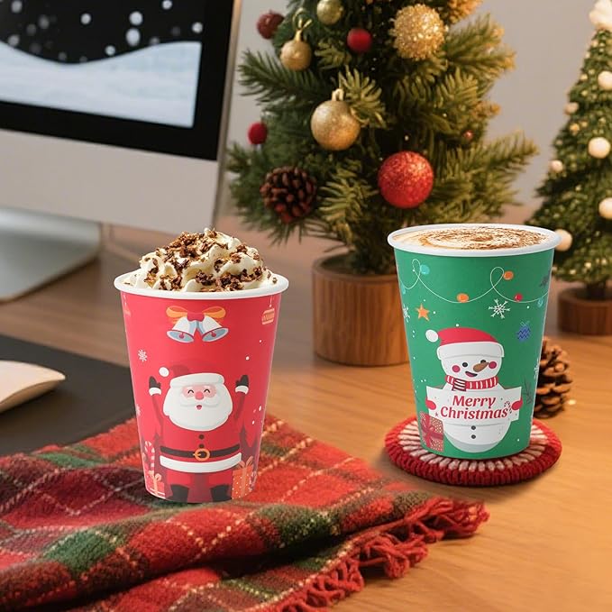 Lamosi Christmas Paper Cups 12 oz 100 Pack, Disposable Coffee Cups Hot/Cold Beverage for Xmas Party, Holiday, Cafe, Restaurant
