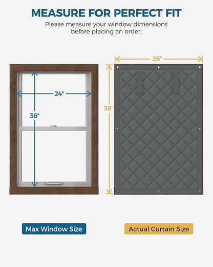 Thermal Insulated Window Cover, Curtain Size 26 x 38 Inch, Quilted Oxford Cloth Thick Cotton Filled, Fits up to 24''×36'' Windows, Ideal for Keeping Warm in Winter, Grey
