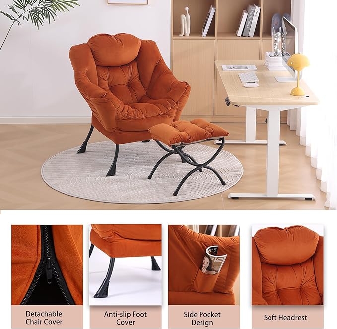 LITA Lazy Chair with Ottoman, Modern Lounge Accent Chair with Armrests and a Side Pocket, Leisure Upholstered Sofa Chairs Set, Reading Chairs with Footrest for Small Space,Orange