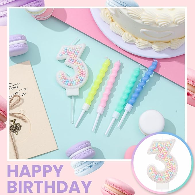 MTLEE Number 3 Birthday Candle with 12 Pcs Spiral Candles for Girls Macaron Pastel Rainbow Unicorn Pink Cake Topper for Sweet Theme Party Decoration