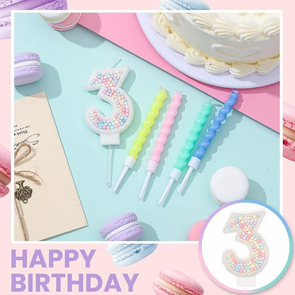 MTLEE Number 3 Birthday Candle with 12 Pcs Spiral Candles for Girls Macaron Pastel Rainbow Unicorn Pink Cake Topper for Sweet Theme Party Decoration