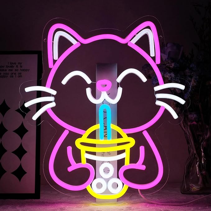 Cat Boba Tea Neon Sign for Wall Decor Dimmable Cute Cat Led Light Signs Bubble Tea Neon Light for Cafe Bar Kitchen Restaurant Coffee Dessert Shop Kids Room Decoration Gift for Girls Kids