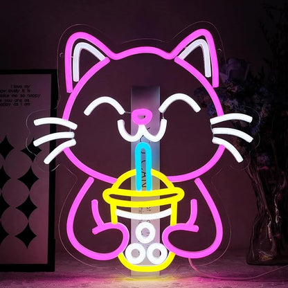 Cat Boba Tea Neon Sign for Wall Decor Dimmable Cute Cat Led Light Signs Bubble Tea Neon Light for Cafe Bar Kitchen Restaurant Coffee Dessert Shop Kids Room Decoration Gift for Girls Kids