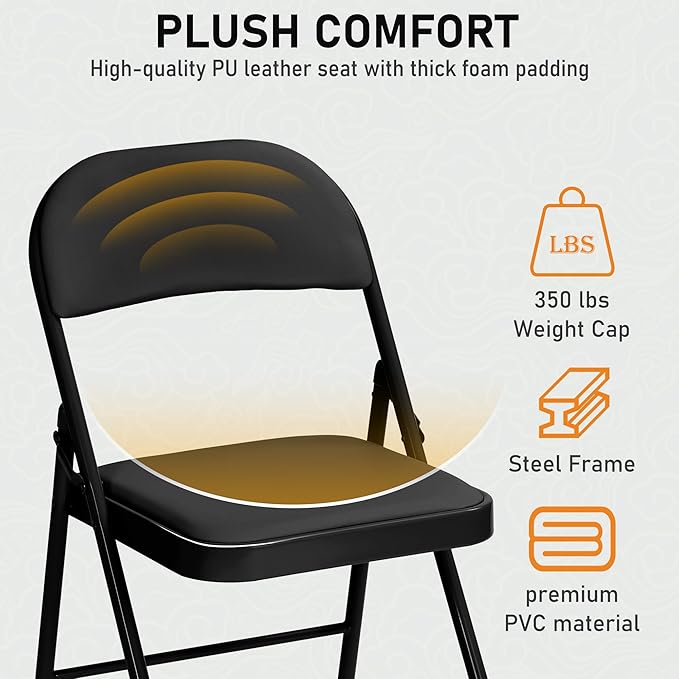 SEALAMB 4 Pack Black Folding Chairs with Padded Seats & Cushion, Durable Metal Foldable Chairs for Wedding Party, Commercial Chairs for Office School Church Events, 330lb Capacity (Black-PU, 4 Pack)