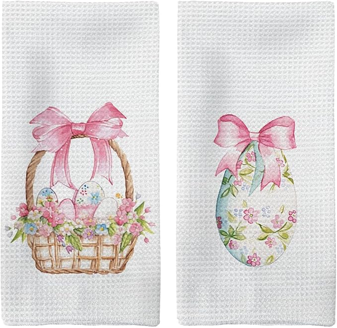 Coquette Pink Bow Easter Kitchen Towels Set of 2, Easter Eggs Decor Hand Towels, PinkEaster Dish Towels Dishcloths Tea Towels for Kitchen, EasterKitchen Bathroom Decor, 16x24 Inch