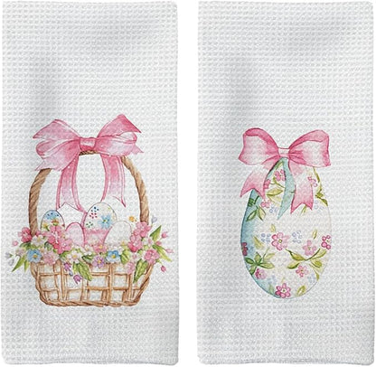 Coquette Pink Bow Easter Kitchen Towels Set of 2, Easter Eggs Decor Hand Towels, PinkEaster Dish Towels Dishcloths Tea Towels for Kitchen, EasterKitchen Bathroom Decor, 16x24 Inch