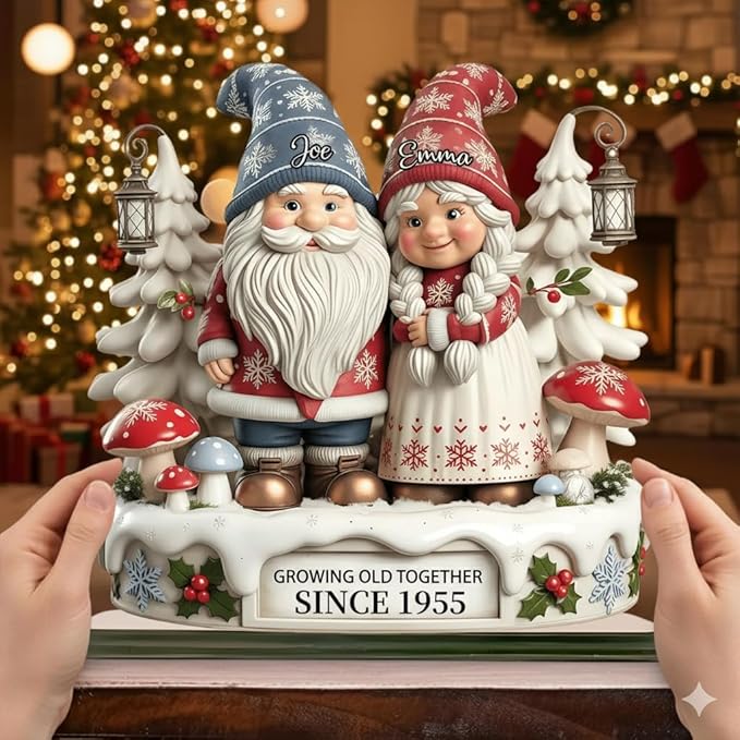 Personalized Gnome Couple Figurine, Growing Old Together Since 1955, Custom Christmas Decoration, Unique Holiday for Couple, Custom Engraved Family Ornament, for Parents and Grandparents