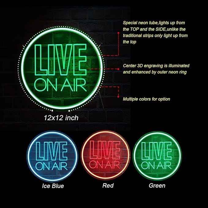 NOXTROND Live On Air Neon Sign, USB Powered Live On Air Light Sign, Dimmable Round Live Streaming LED Neon Night Light for Tiktok, Twitch Streamer, Gamer, Game Room, Studio Decor (Green)