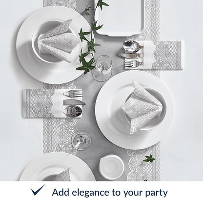 PAW - Linen Feel Napkins with Built-in Flatware Pocket, Soft and Absorbent Paper Pre-Folded Napkins with Silver Lace, Elegant Guest Towels, Wedding Party, Dinner, Birthday, Gatherings, 50 Count