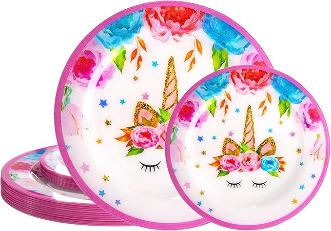 WELLIFE 20PCS Unicorn Plates – Plastic Dinner & Dessert Plates (10×9.2" + 10×6.3") for Girls Birthday Party, Magical Unicorn Party Decorations