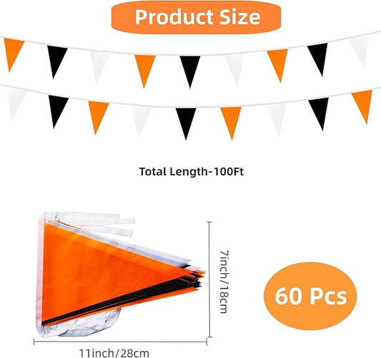100 Feet 60 Pcs Orange White and Black Pennant Banner Flag String Hanging Triangle DIY Flag, Bunting Streamers Decoration for Grand Opening, Birthday, Wedding Celebration (Orange White & Black)