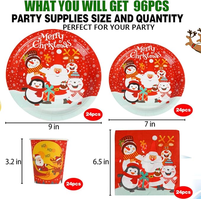 CCINEE Christmas Party Supplies Paper Plates, 96pcs Table Decorations Christmas Disposable Dinnerware Set Includes Paper Plates Napkins Cup Serves 24 for Xmas Holiday Party Supplies