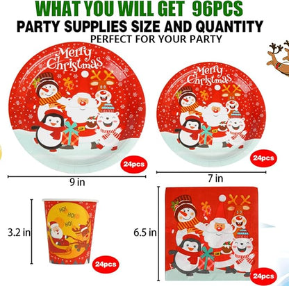 CCINEE Christmas Party Supplies Paper Plates, 96pcs Table Decorations Christmas Disposable Dinnerware Set Includes Paper Plates Napkins Cup Serves 24 for Xmas Holiday Party Supplies