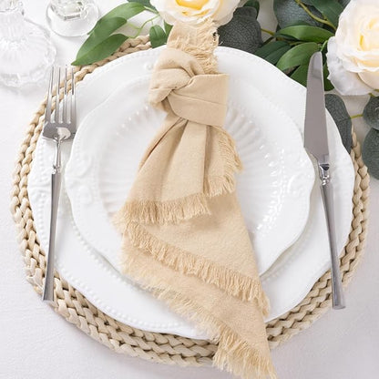 12 Pack Champagne Cotton Linen Napkins with Fringe Christmas Cloth Napkins Set of 12 Boho Handmade Holiday Napkins Bulk for Wedding Baby Shower Xmas Dinner Table Parties, 17 x 17 Inches