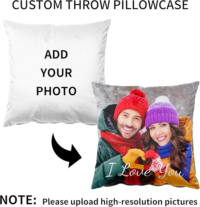 Easycosy Custom Pillow with Picture & Text, Two-Sides Velvet Customized Photo Pillowcase, 16"x16" Personalized Pillowcover with Photo, Custom Christmas Decor Love Gifts (Optional Pillow Insert)