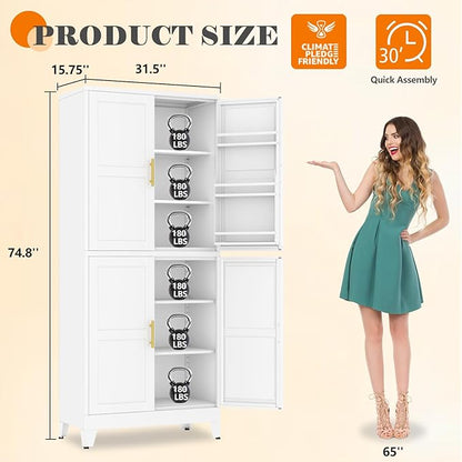 74.8" Tall Metal Food Cabinet, White Kitchen Pantry Cabinet, Storage Cabinets with 4 Door and 4 Adjustable Shelves, Steel Freestanding Cupboard for Kitchen Dining Room Living Room Bathroom