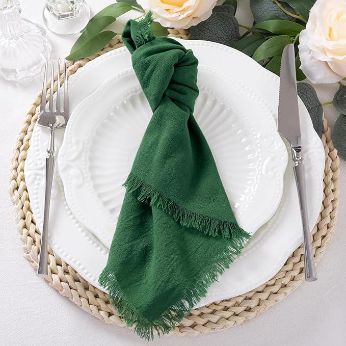 12 Pack Dark Green Cotton Linen Napkins with Fringe Christmas Green Cloth Napkins Set of 12 Boho Handmade Holiday Napkins Bulk for Wedding Baby Shower Christmas, 17 x 17 Inches