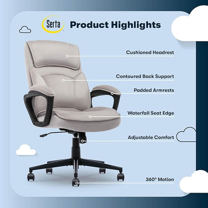Serta Comfort Classic Executive Office Chair, Ergonomic Mid-Back Computer DeskChair with Lumbar Support, Semi-Plush Cushion and Body Pillows, Padded Armrests, Swivel Base, Taupe Velvet Fabric