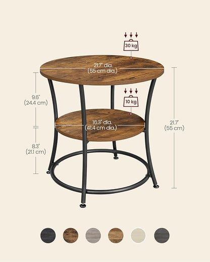VASAGLE 21.7-Inch Round Side Table, 2-Tier End Table, Nightstand with Steel Frame, Spacious Top, for Small Spaces, Living Room, Bedroom, Rustic Brown and Ink Black ULET56BX