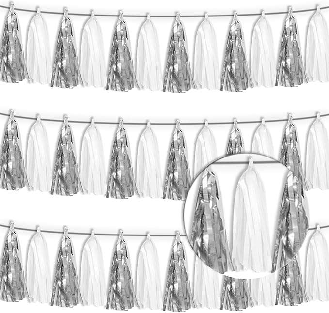 3P White Silver Tassel Banner Garland Metallic Foil Fringe Banner Tinsel Tassels Streamer Banner Backdrop for Parade Floats, Graduation Bridal/Baby Shower Retirement Party Decorations