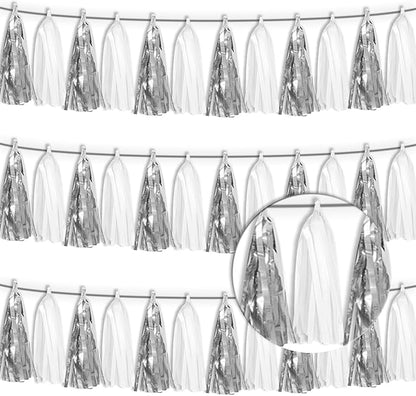 3P White Silver Tassel Banner Garland Metallic Foil Fringe Banner Tinsel Tassels Streamer Banner Backdrop for Parade Floats, Graduation Bridal/Baby Shower Retirement Party Decorations