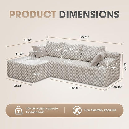 Hobestluk Modular Sectional Sofa Couches L-Shape Couch 3 Seat Modular Sofa Memory Foam Sectional Couches for Living Room, Cloud Couch with Oversized Chaise (96" Left Facing Chaise)