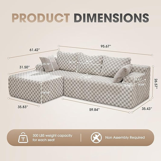 Hobestluk Modular Sectional Sofa Couches L-Shape Couch 3 Seat Modular Sofa Memory Foam Sectional Couches for Living Room, Cloud Couch with Oversized Chaise (96" Left Facing Chaise)