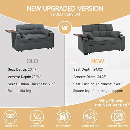 66" Multi-Functional Pull-Out Sofa Bed with Hidden Side Table, Storage Armrests, Built-in Charging Port, Spring Mattress, Solid Wood Frame – Ideal for Small Spaces, Easy Assembly