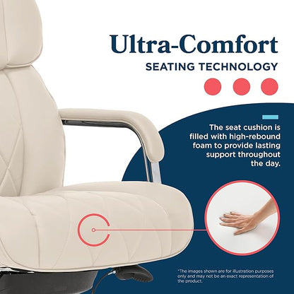 La-Z-Boy Sutherland Quilted Leather Executive Office Chair with Padded Arms, High Back Ergonomic Desk Chair with Lumbar Support, Ivory White Bonded Leather