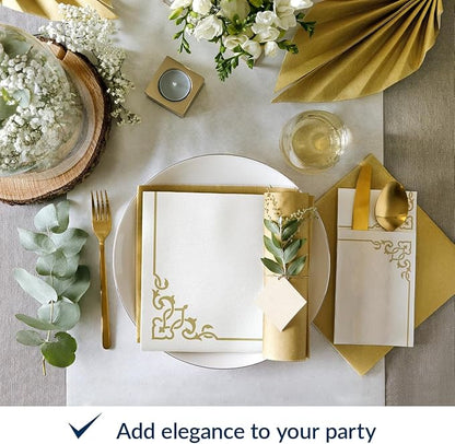 PAW - Linen Feel Napkins with Built-in Flatware Pocket, Soft and Absorbent Paper Pre-Folded Napkins with Gold Frame, Elegant Guest Towels, Wedding Party, Dinner, Birthday, Gatherings, 50 Count