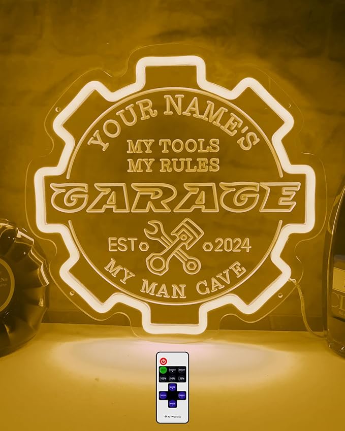 Custom Garage Neon sign for Wall Decor with Timing Remote, Personalized Gear Garage LED Neon Light for Man Cave, Home Bar, Workshop, Son Dad Birthday Gift GOLDEN YELLOW