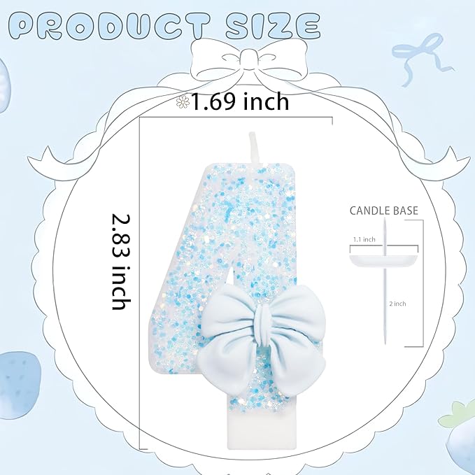 Birthday Candle for Cake, Blue Bow Number Candles, 2.76 inch Number, Cake Topper Decoration for Birthday Party (Number 4)