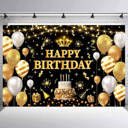 YinQin 180x120 cm Glitter Black Golden Happy Birthday Party Photo Backdrops Cloth 71x47 inch Bday Photography Backgrounds Shiny Black Gold Happy Birthday Sign Banner Decorations for Women Men