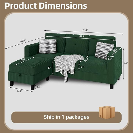 JAMFLY Convertible Sectional Couches for Living Room, L-Shaped Couch 3 Seat Sectional Sofa Set with Polyester Fabric and Movable Ottoman Small Couch for Apartments, Office,Green