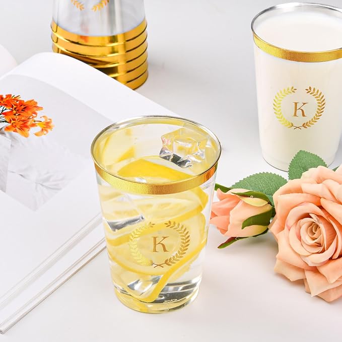 100 Pieces Monogrammed Plastic Cups Gold Foil Letter K Disposable Cups 12 oz Clear Initial Party Cups for Wedding Birthday Baby Shower Personalized Party Drinkware