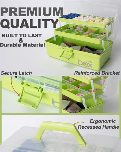 12in 3-Layer Plastic Craft Organizers and Storage, Portable Folding Tackle Box with Handle & Adjustable Dividers, Multipurpose Case for Sewing, Art Supplies, Medicine, Tools (Green)