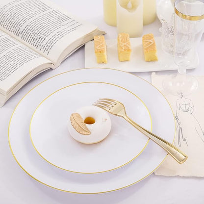 Liacere 175PCS White and Gold Plastic Plates - Gold Plate Include 50Plastic Plates, 25Forks, 25Spoons, 25Knives, 25Napkins, 25Champagne Flutes Plastic for Party & Wedding & Christmas & New Year