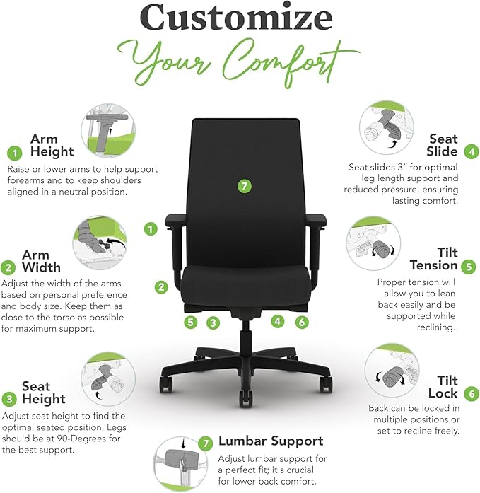 HON Ignition 2.0 Mid Back Task Chair, Spectrum Mesh, Advanced Synchro-Tilt Control, Office Chair with Lumbar Support, Height and Width Adjustable Arms, Black Frame, Leaf