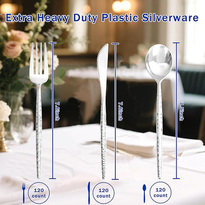 Supernal 360Pcs Silver Plastic Silverware,Disposable Silverware Heavy Duty,Hammered Disposable Cutlery,Plastic Utensils Set Include 120 Knives,120 Forks and 120 Spoons for Wedding,Party&Halloween