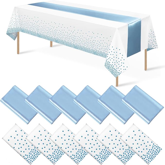 12Pack Disposable Plastic Tablecloths and Satin Table Runner Set White and Light Blue Dot Tablecloth Light Blue Satin Table Runner for Wedding Birthday Baby Shower Engagement Christmas Party Supplies