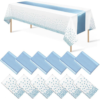 12Pack Disposable Plastic Tablecloths and Satin Table Runner Set White and Light Blue Dot Tablecloth Light Blue Satin Table Runner for Wedding Birthday Baby Shower Engagement Christmas Party Supplies