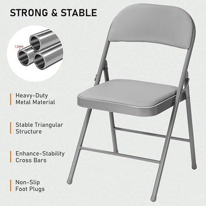 SEALAMB 16 Pack Grey Folding Chairs with Padded Seats & Cushion, Durable Metal Foldable Chairs for Wedding Party, Commercial Chairs for Office School Church Events, 330lb Capacity (Grey-PU, 16 Pack)