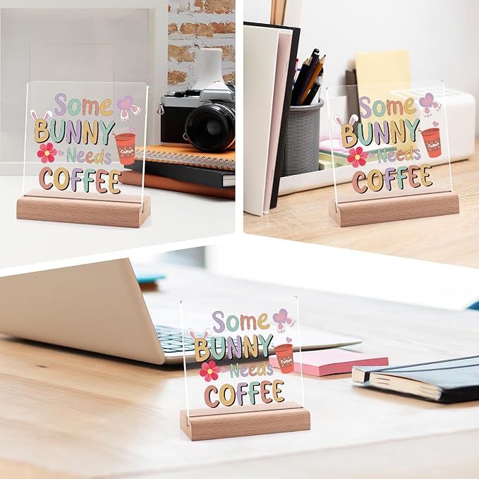 Easter Decor Funny Bunny Acrylic Plaque with Wooden Stand Coffee Bar Decor Easter Sign Coffee Lovers Decorations for Home Kitchen Clear Desk Decorative Sign for Office Coworker Friends Christmas